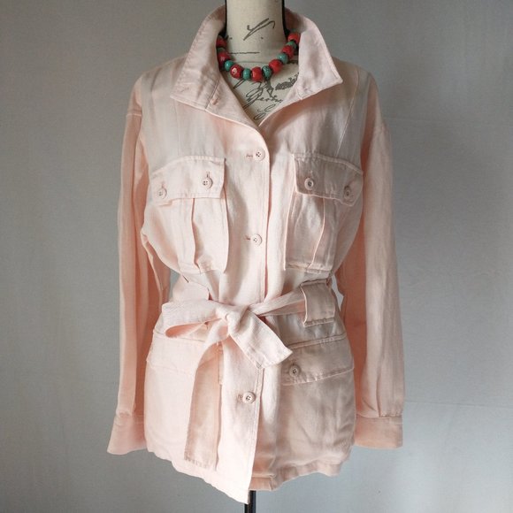 Joie Sirena Linen Blend Utility Military Jacket Belt Shell Pink Women Size L - Picture 5 of 14